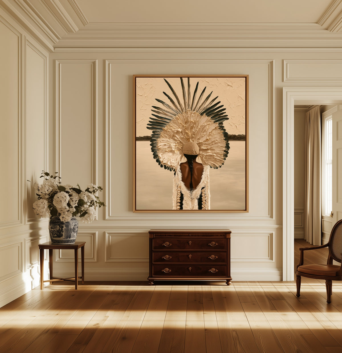Plumed Silence canvas above a dark wood chest in a hallway