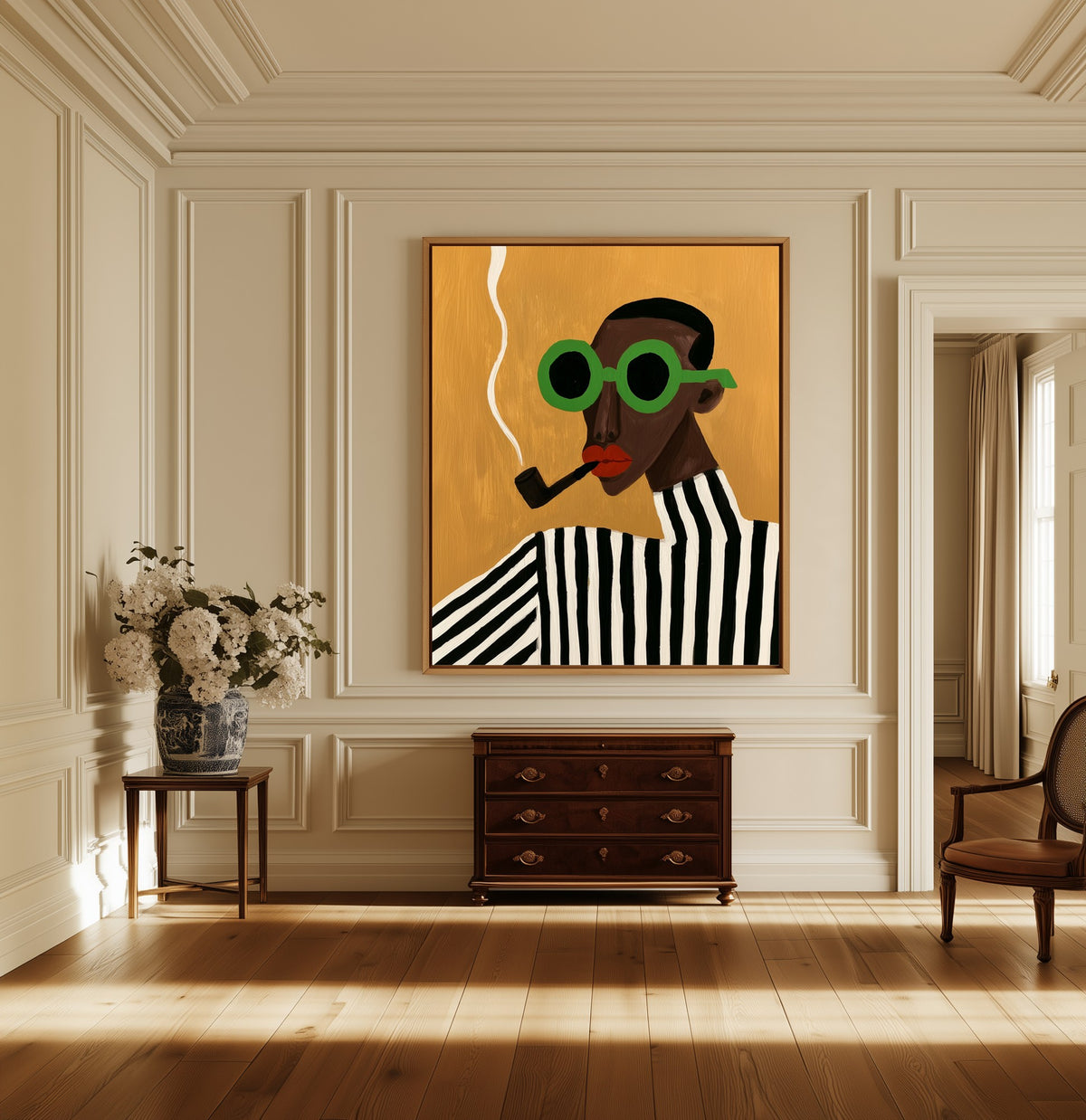 Man with a Pipe canvas above a dark wood chest in a hallway