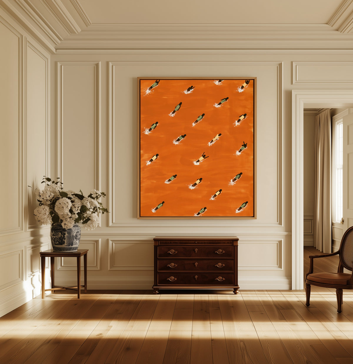 Tangerine Current canvas above a dark wood chest in a hallway
