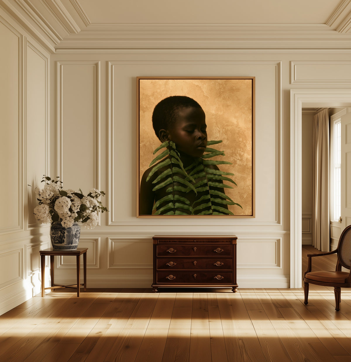 The Fern Garland canvas above a dark wood chest in a hallway
