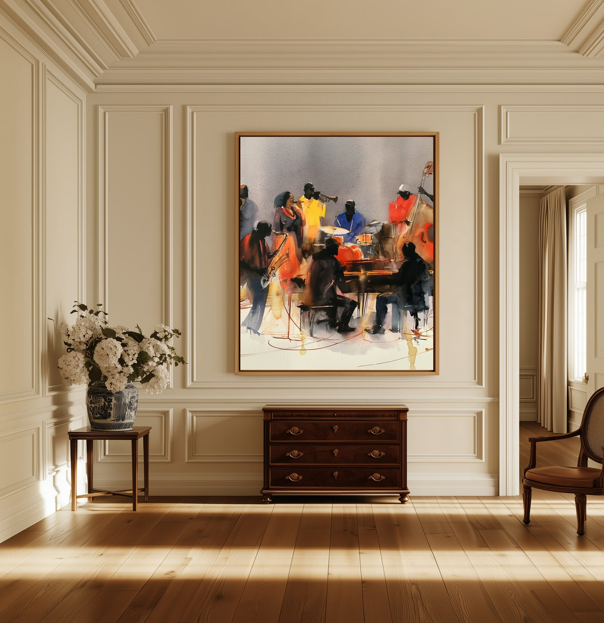 The Late Set canvas above a dark wood chest in a hallway