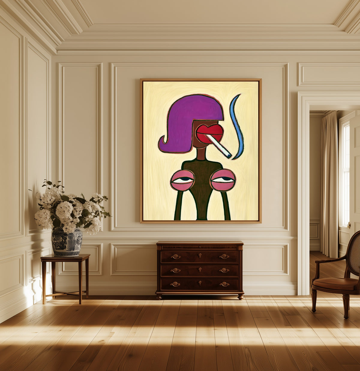 Violet Nonchalance canvas above a dark wood chest in a hallway