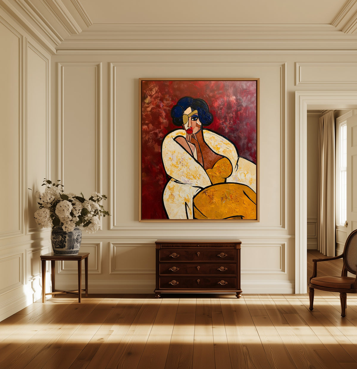 Before the Gala canvas above a dark wood chest in a hallway