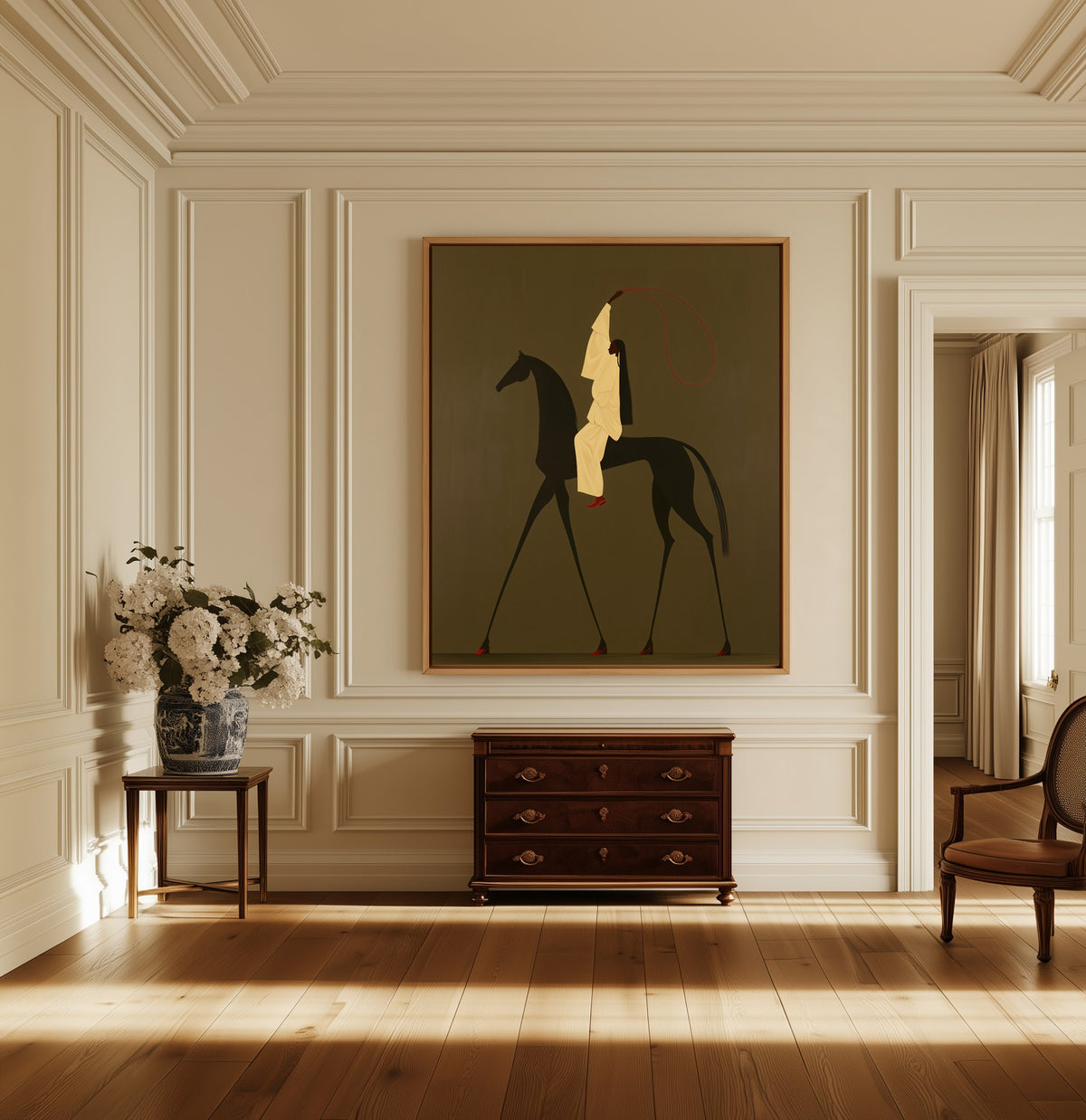 Stride canvas above a dark wood chest in a hallway