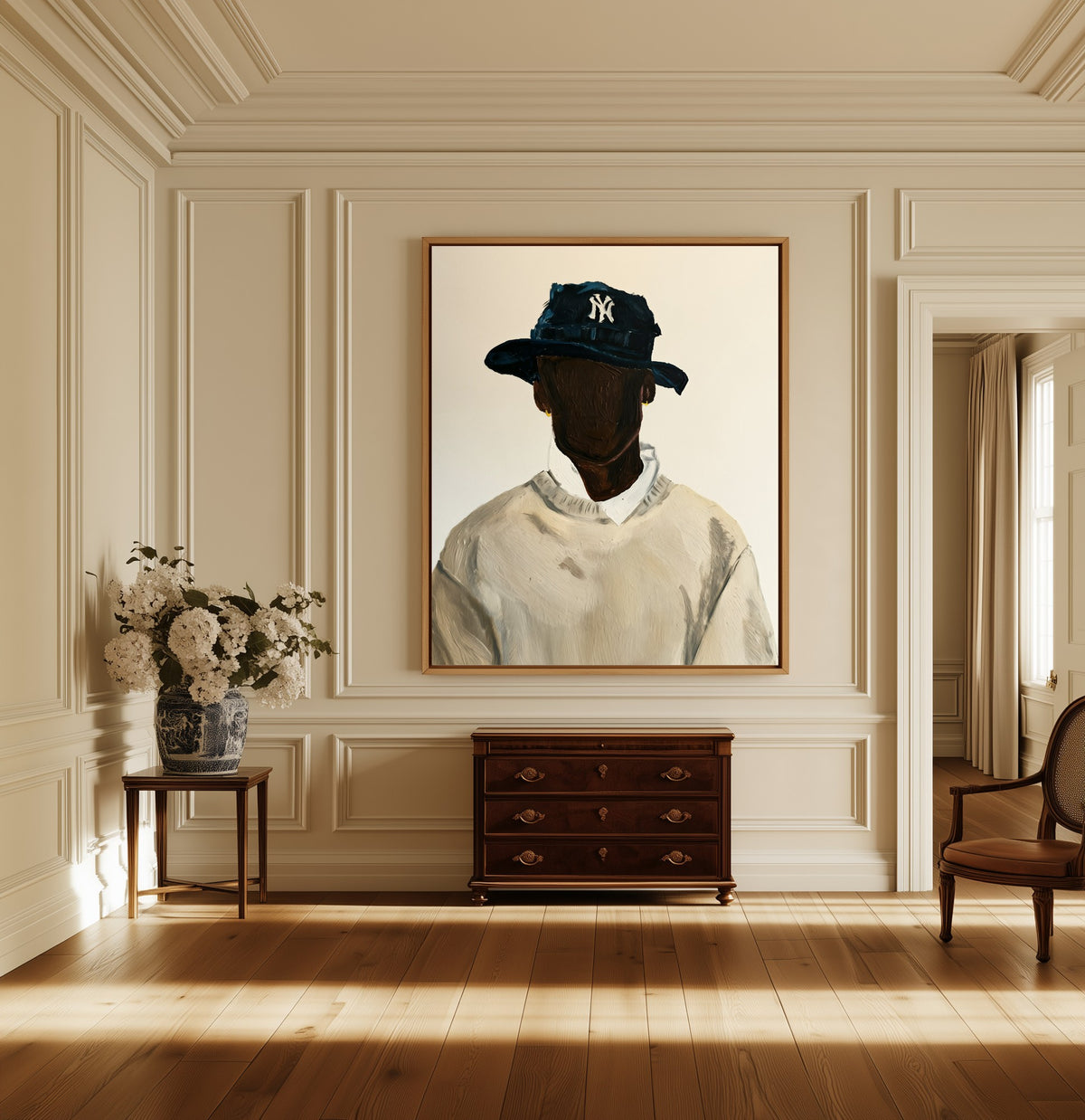 Uptown Quiet canvas above a dark wood chest in a hallway