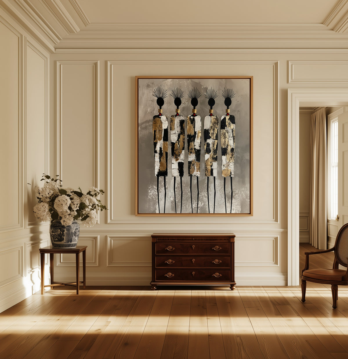Gilded Rhythm canvas above a dark wood chest in a hallway