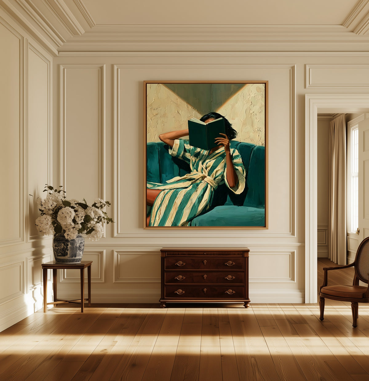 The Reader canvas above a dark wood chest in a hallway
