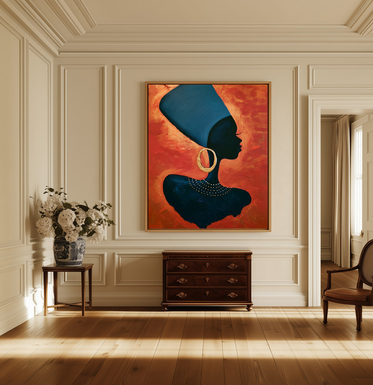 Blue Wrap canvas above a dark wood chest in a hallway