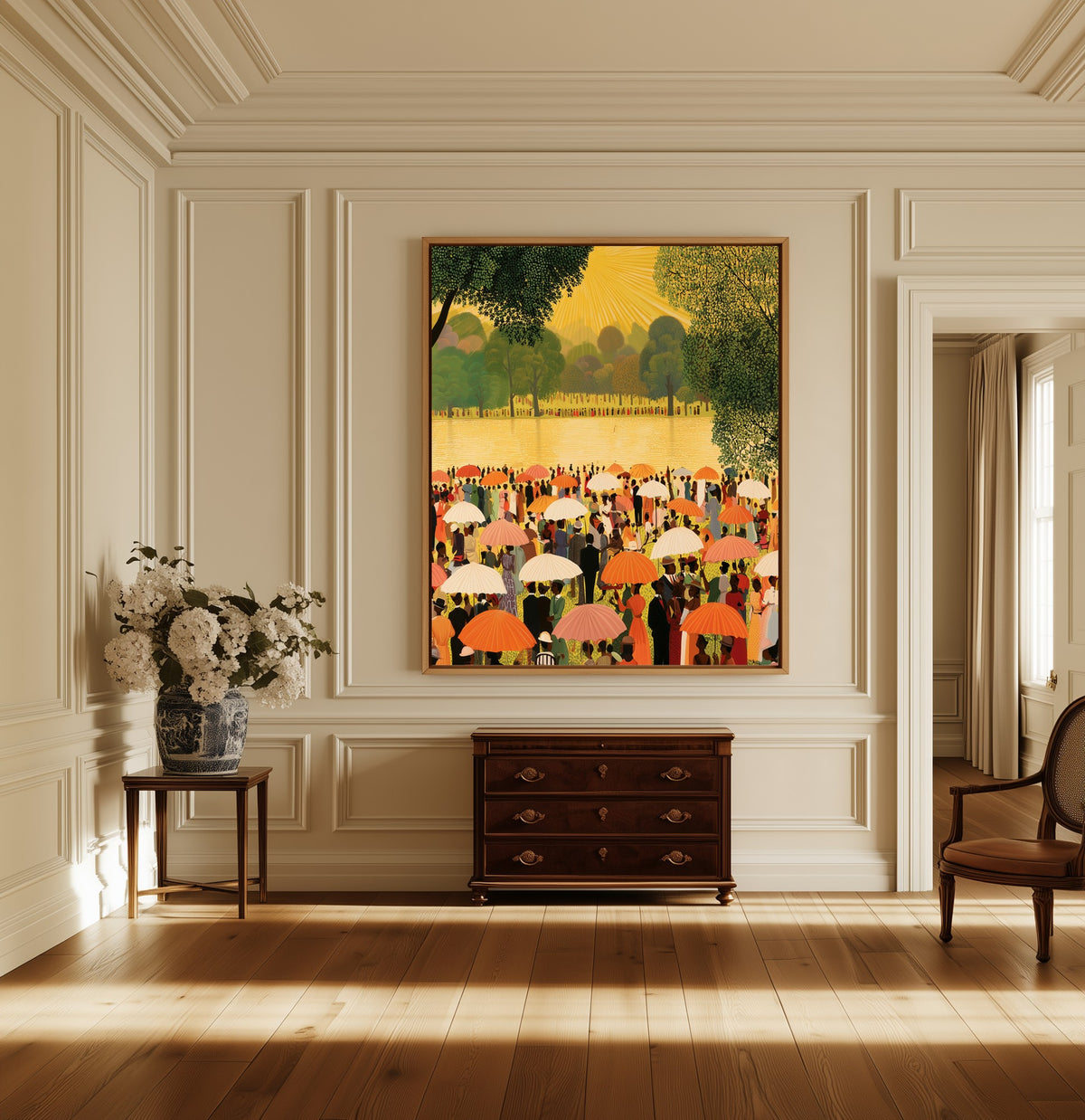 Reunion by the Lake canvas above a dark wood chest in a hallway