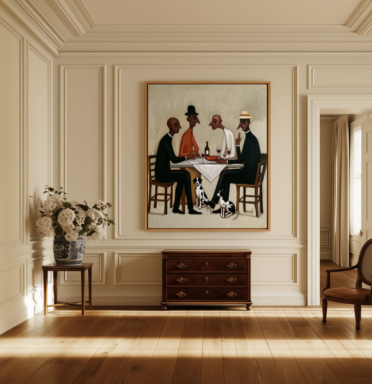 Four at the Table canvas above a dark wood chest in a hallway