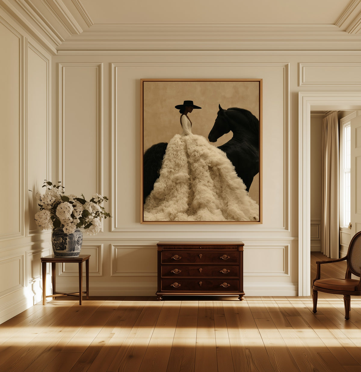 Rider in Ivory canvas above a dark wood chest in a hallway
