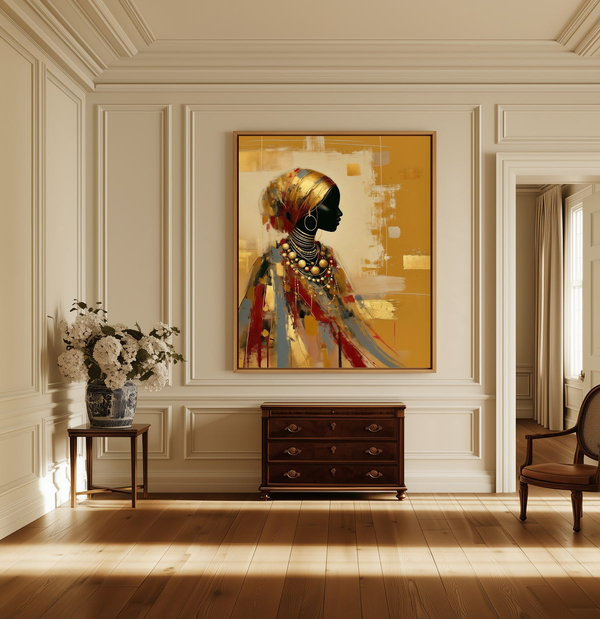Gilded Memory canvas above a dark wood chest in a hallway