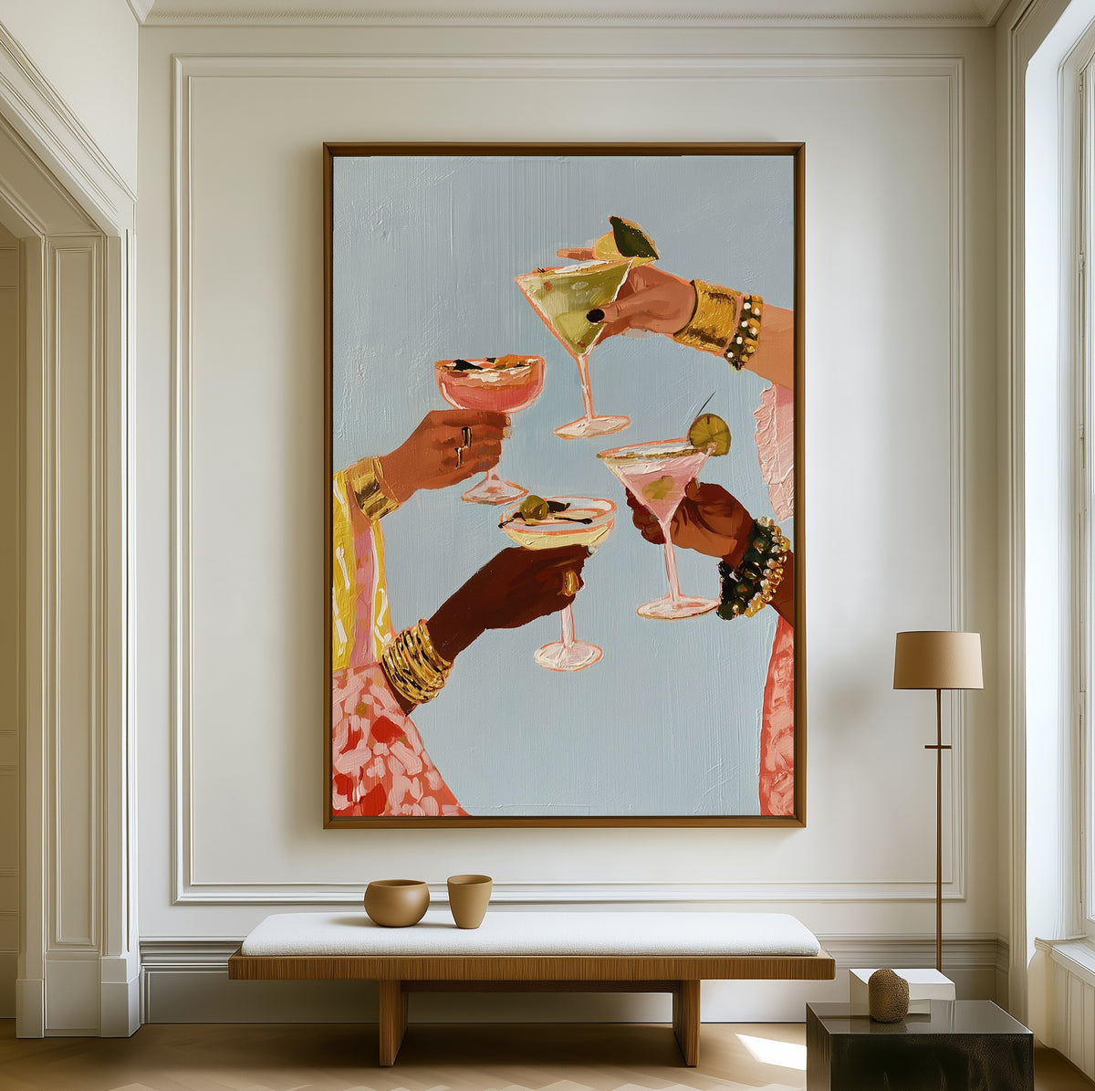 A Toast at Five canvas above a walnut bench in a bright living room