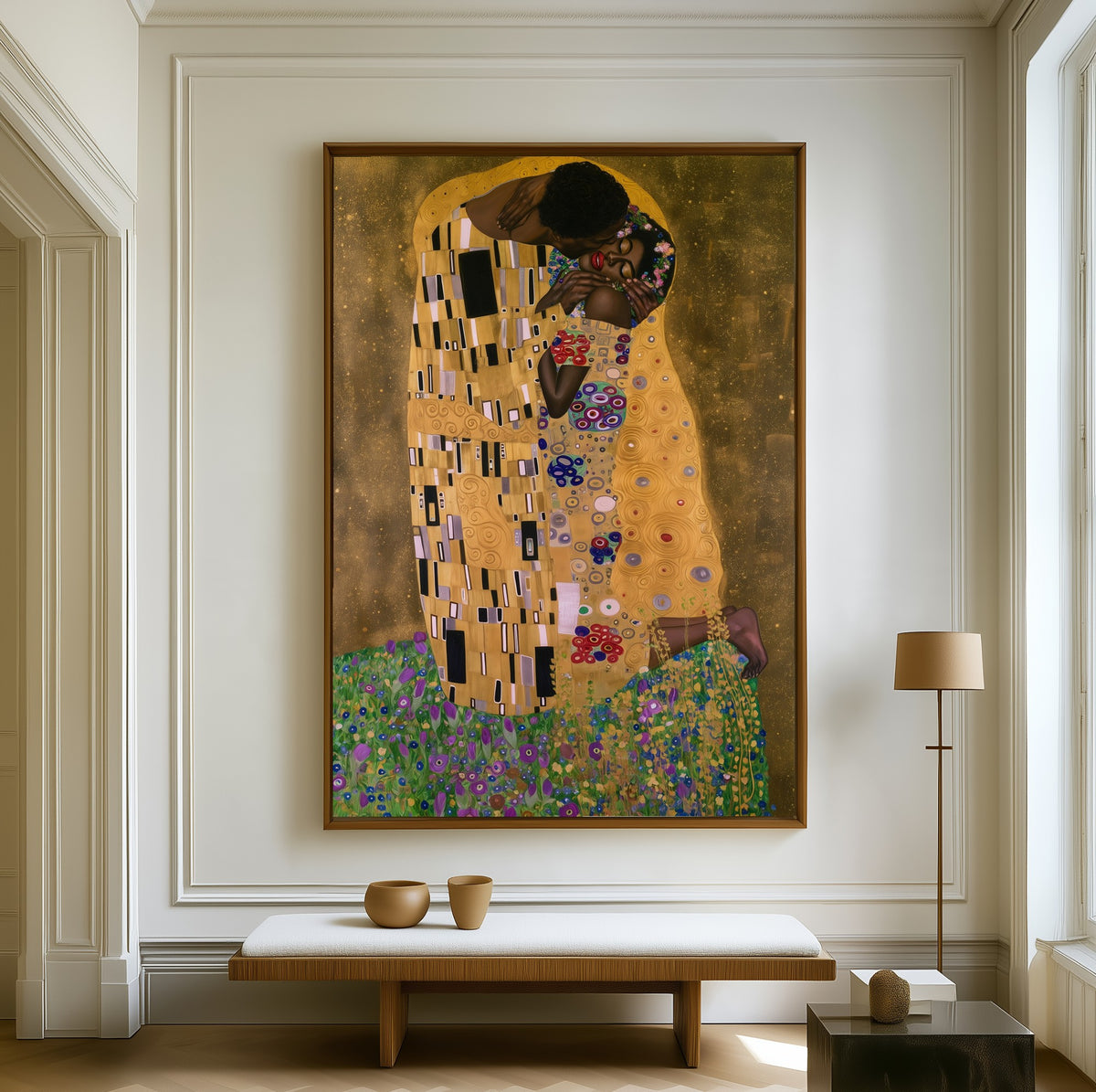 The Golden Kiss canvas above a walnut bench in a bright living room