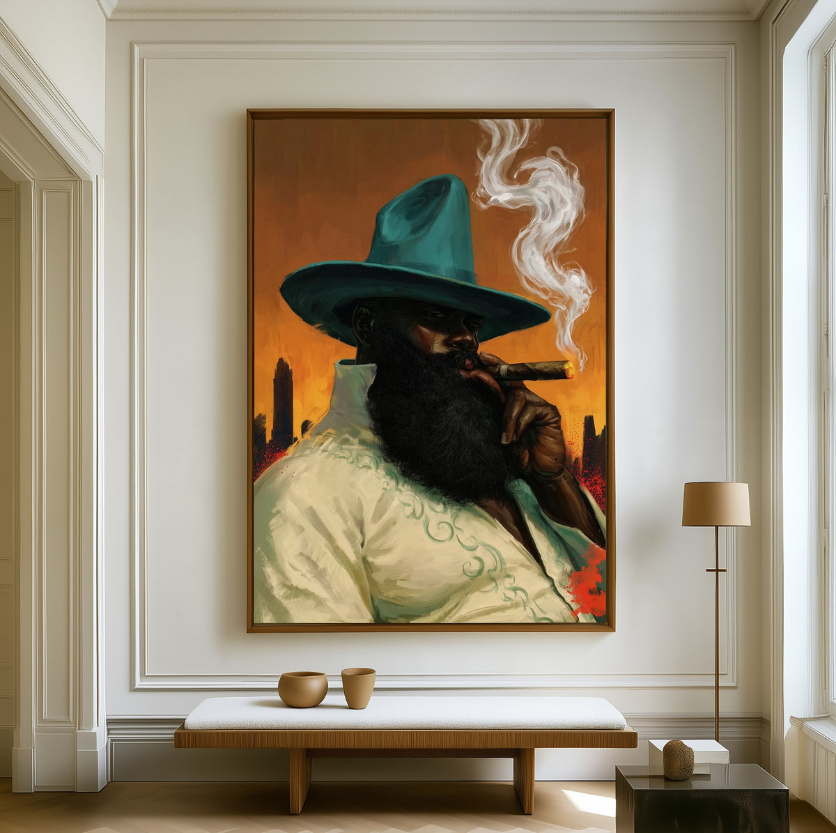 The Patron canvas above a walnut bench in a bright living room