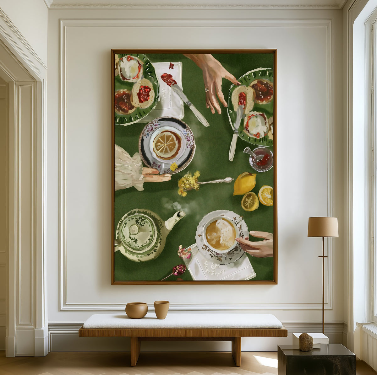 Afternoon Tea canvas above a walnut bench in a bright living room