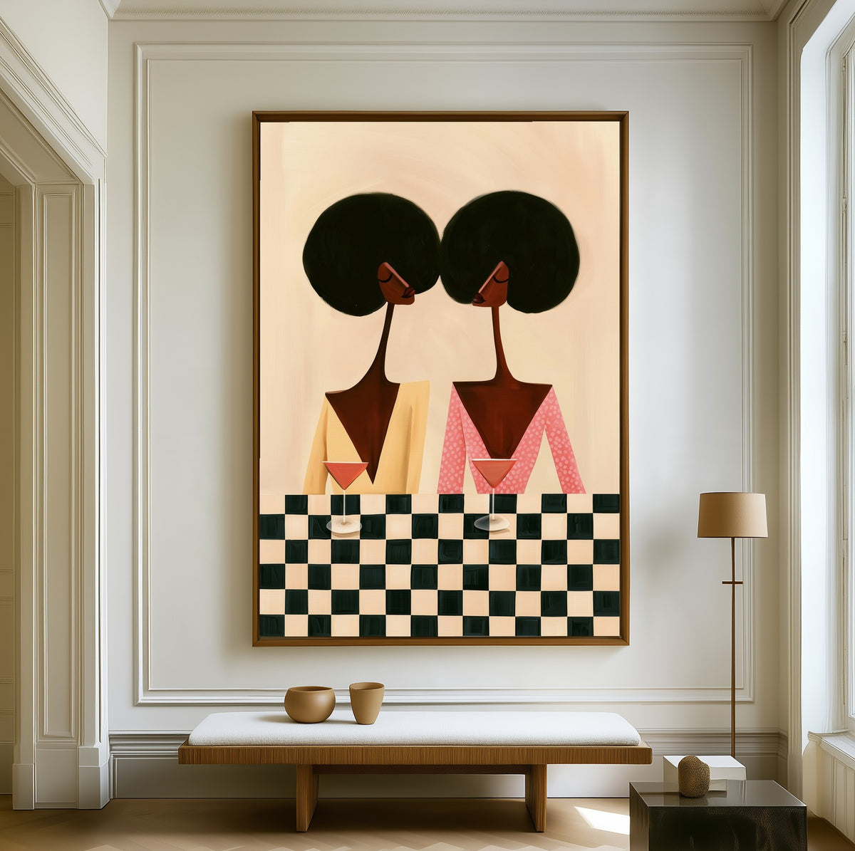 The Checkered Table canvas above a walnut bench in a bright living room