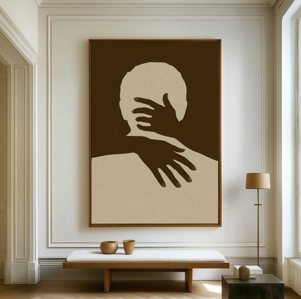 Held canvas above a walnut bench in a bright living room