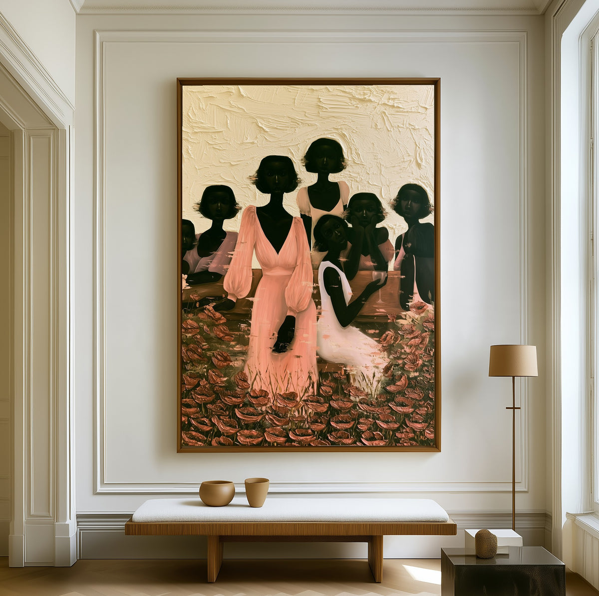 The Bridal Party canvas above a walnut bench in a bright living room
