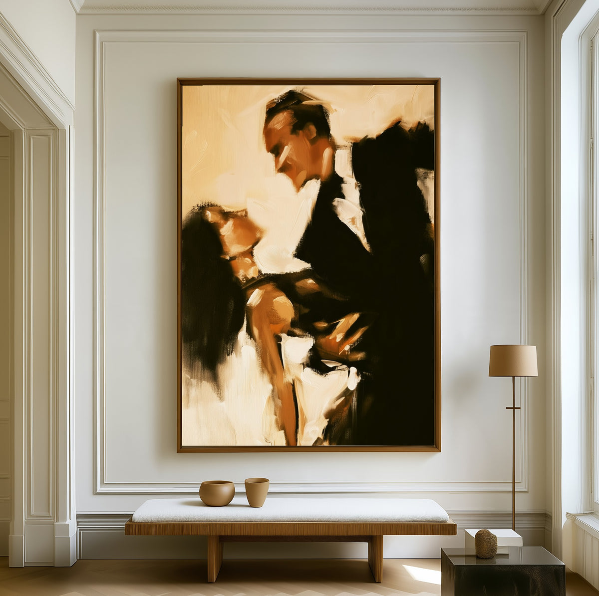 The Last Waltz canvas above a walnut bench in a bright living room