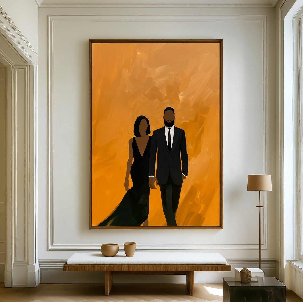 Evening Arrival canvas above a walnut bench in a bright living room