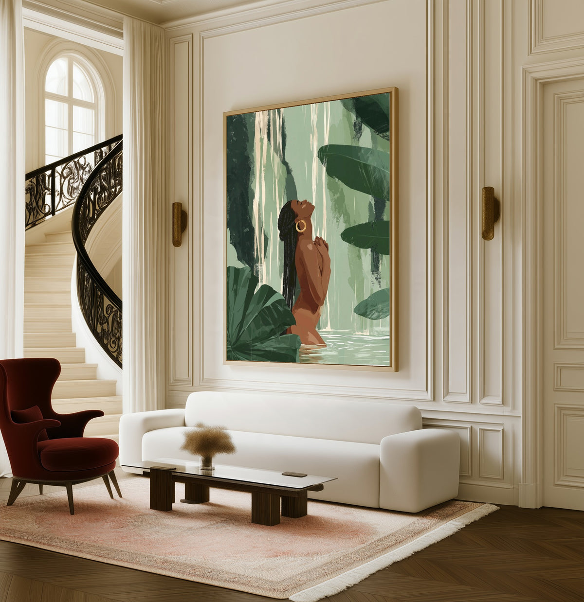Falling Water framed canvas in a living room beside a curved staircase