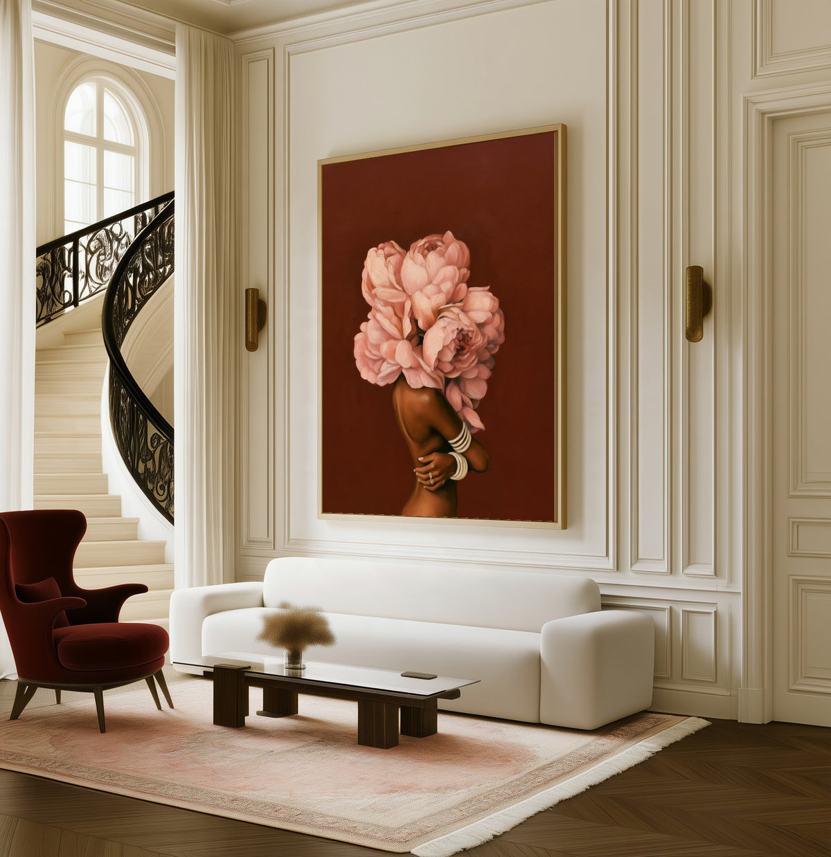 In Full Bloom framed canvas in a living room beside a curved staircase