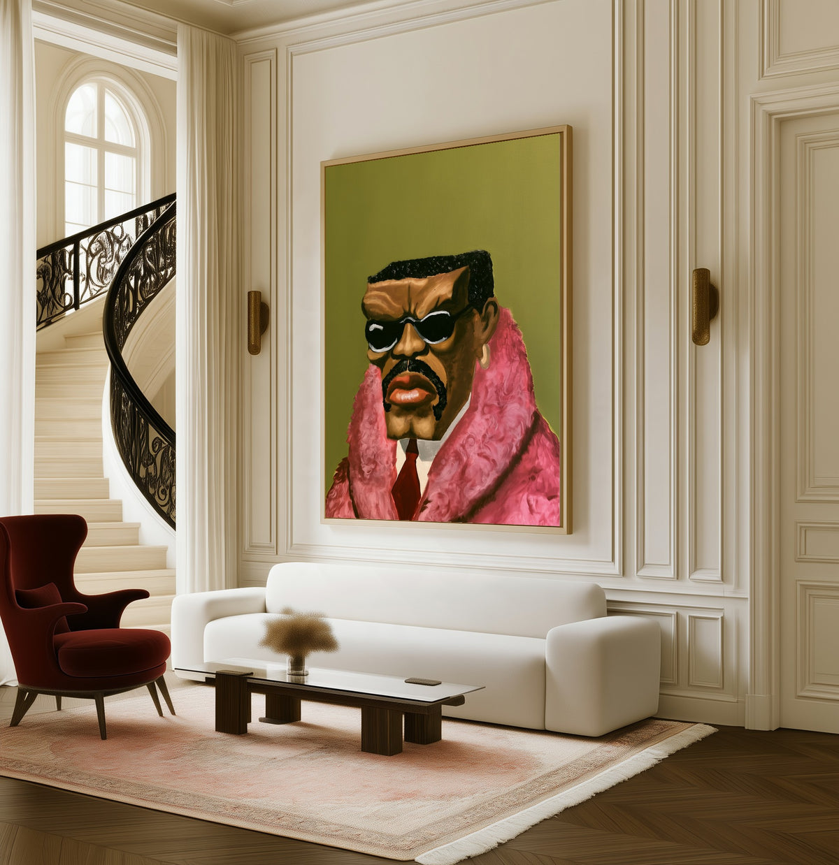 Gentleman in Pink Fur framed canvas in a living room beside a curved staircase