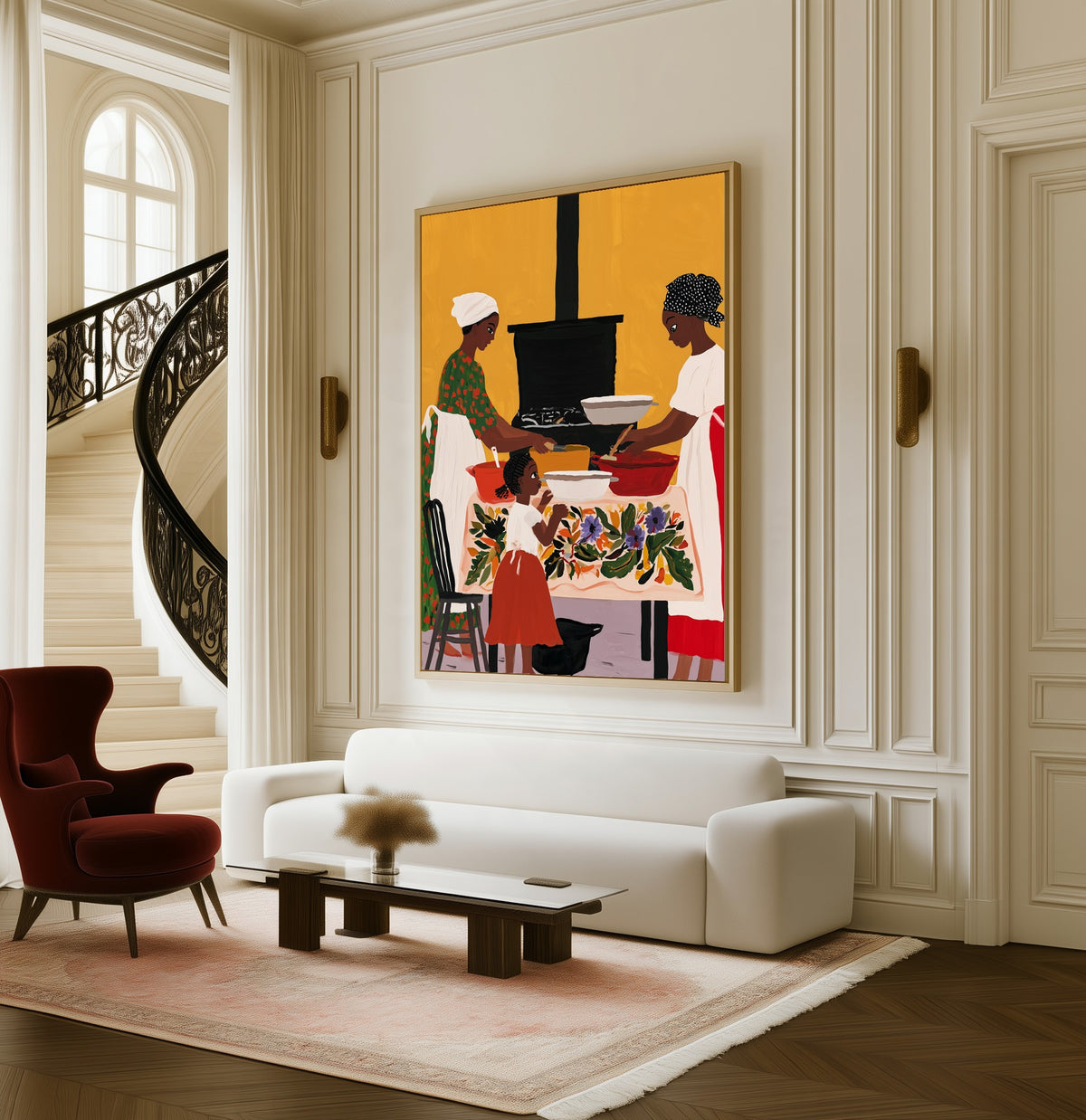 Stirring with Mama framed canvas in a living room beside a curved staircase