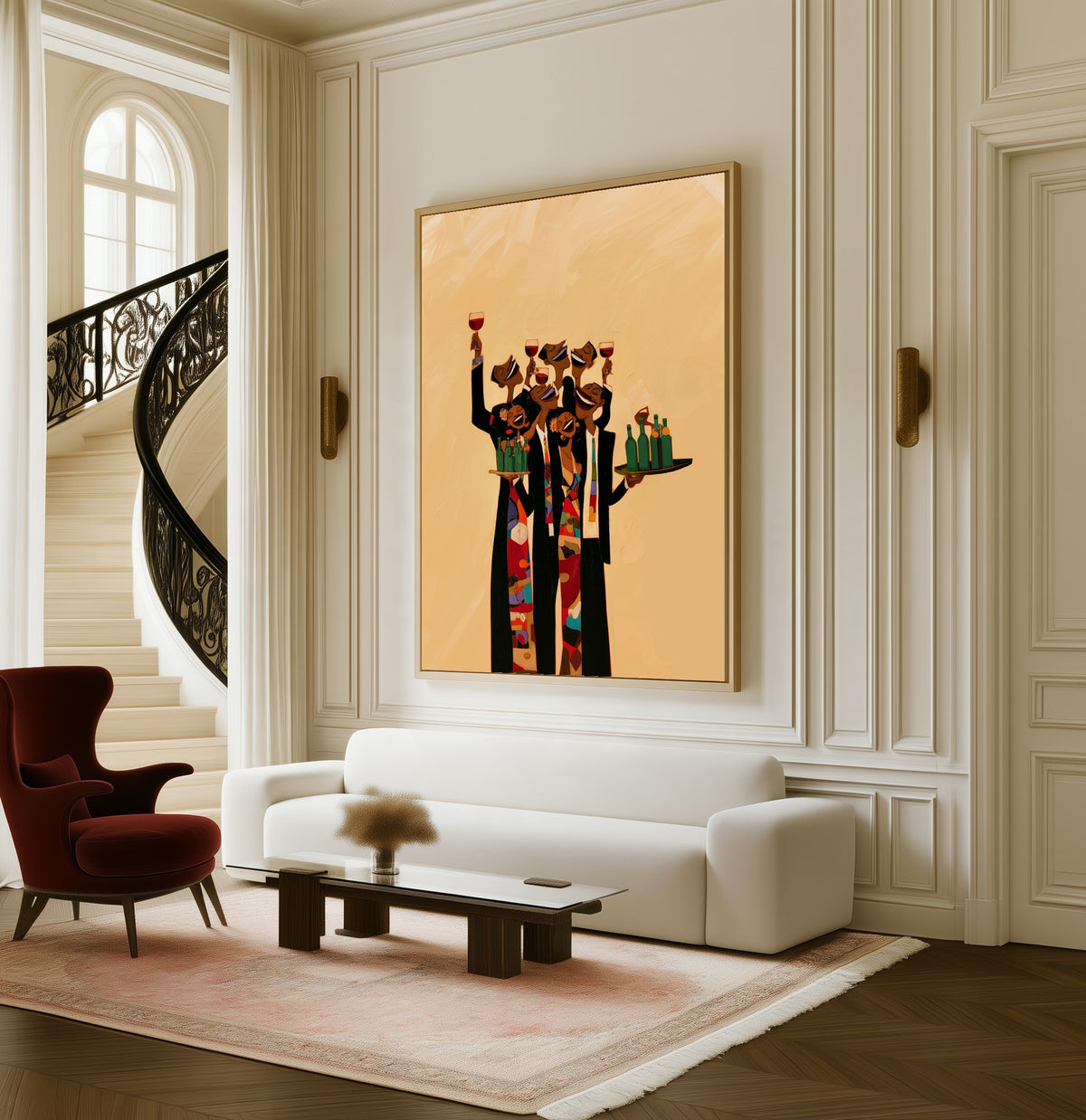 The Toast framed canvas in a living room beside a curved staircase