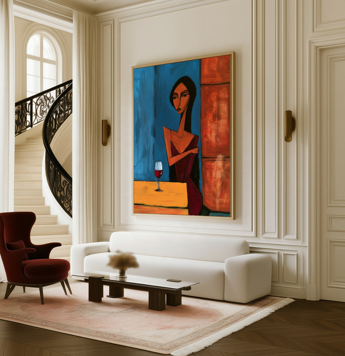 Evening Solitude framed canvas in a living room beside a curved staircase