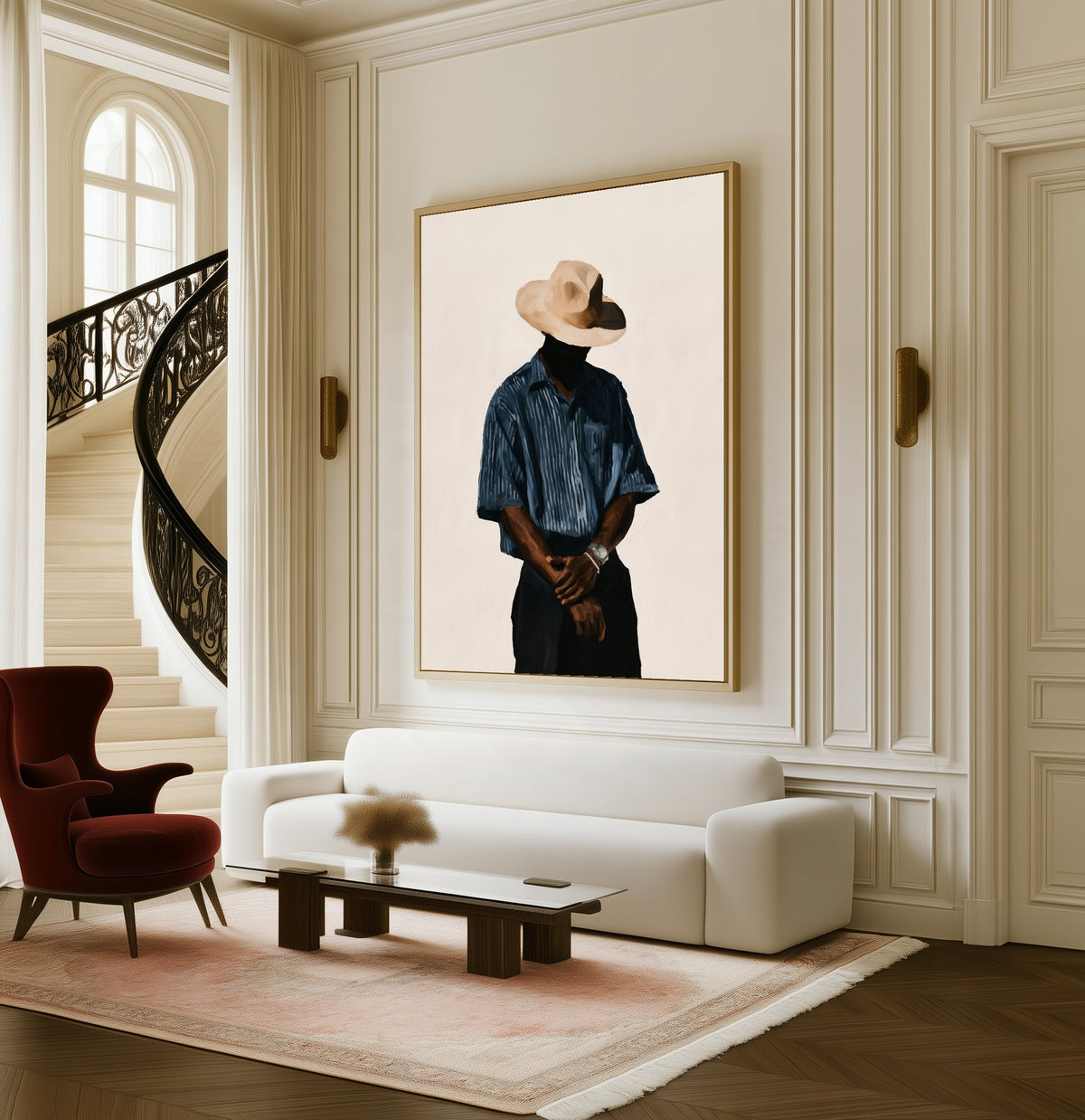 Patience framed canvas in a living room beside a curved staircase