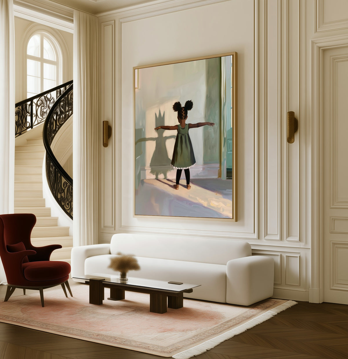 The Crowned Shadow framed canvas in a living room beside a curved staircase