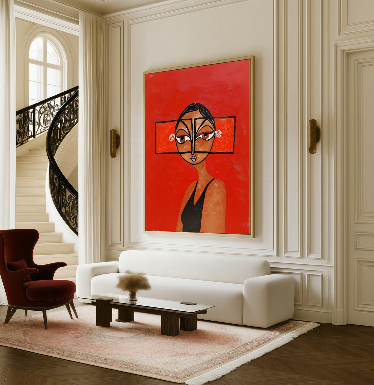 Scarlet Focus framed canvas in a living room beside a curved staircase