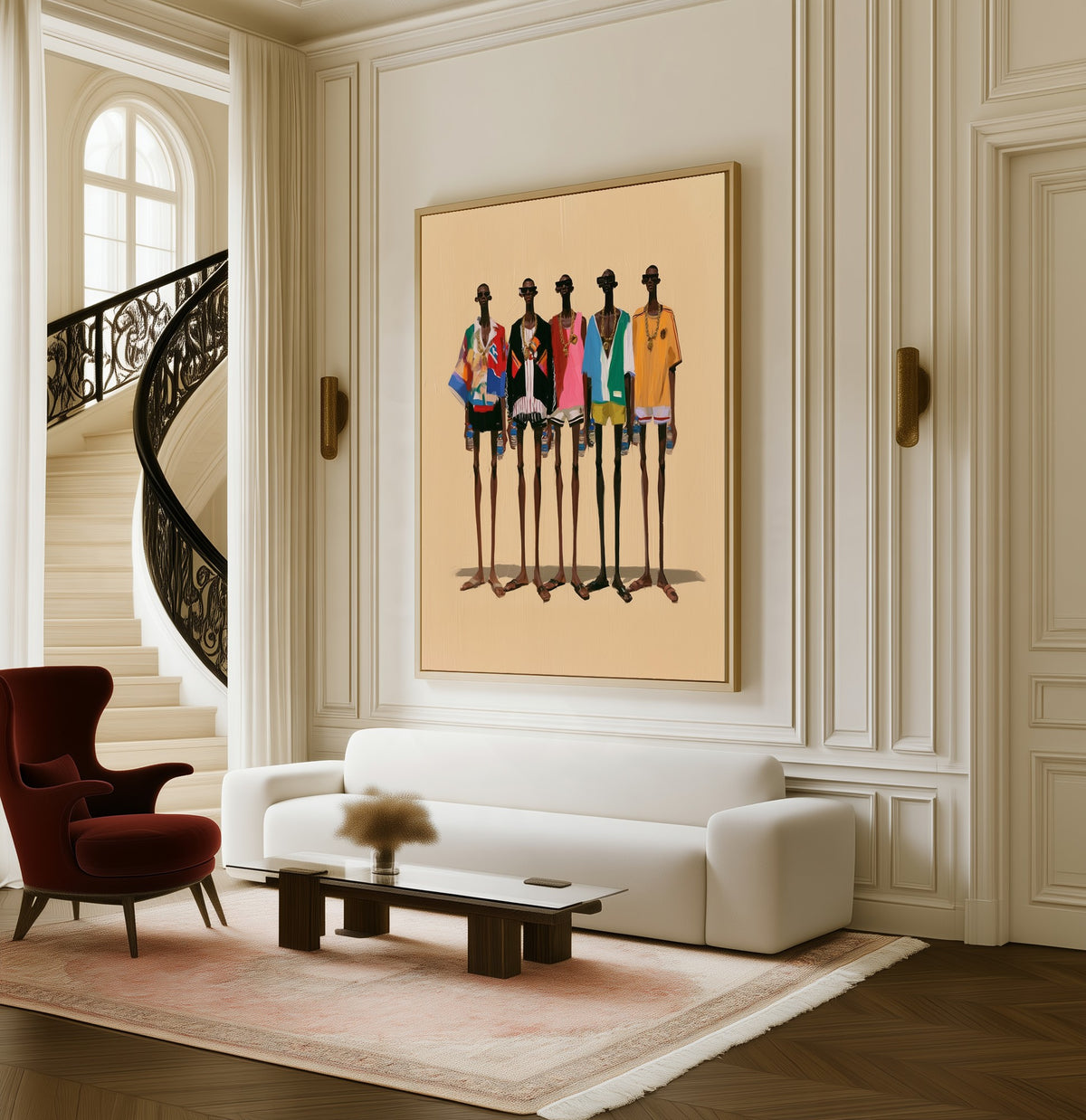 The Crew framed canvas in a living room beside a curved staircase