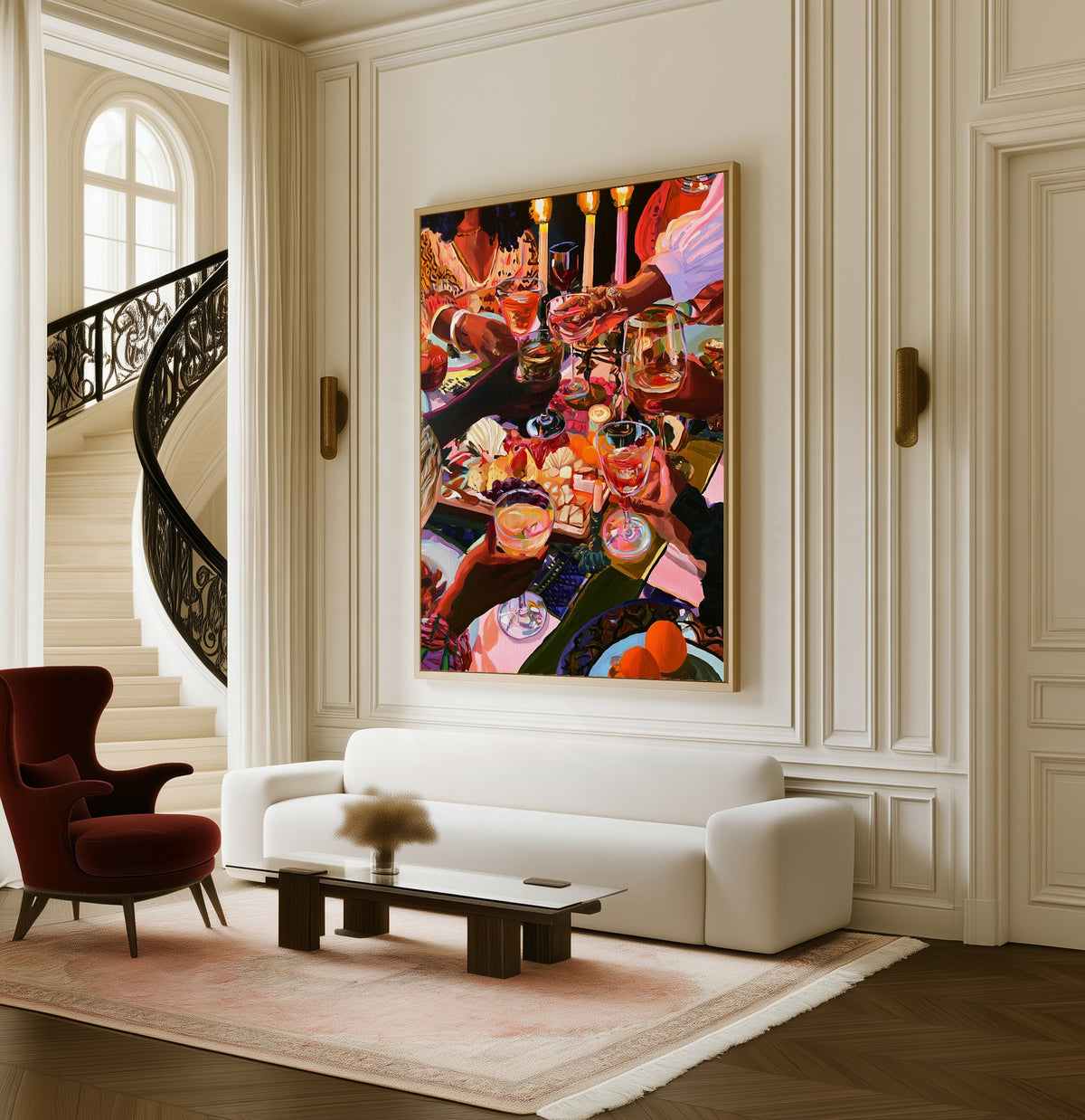 Candles and Company framed canvas in a living room beside a curved staircase
