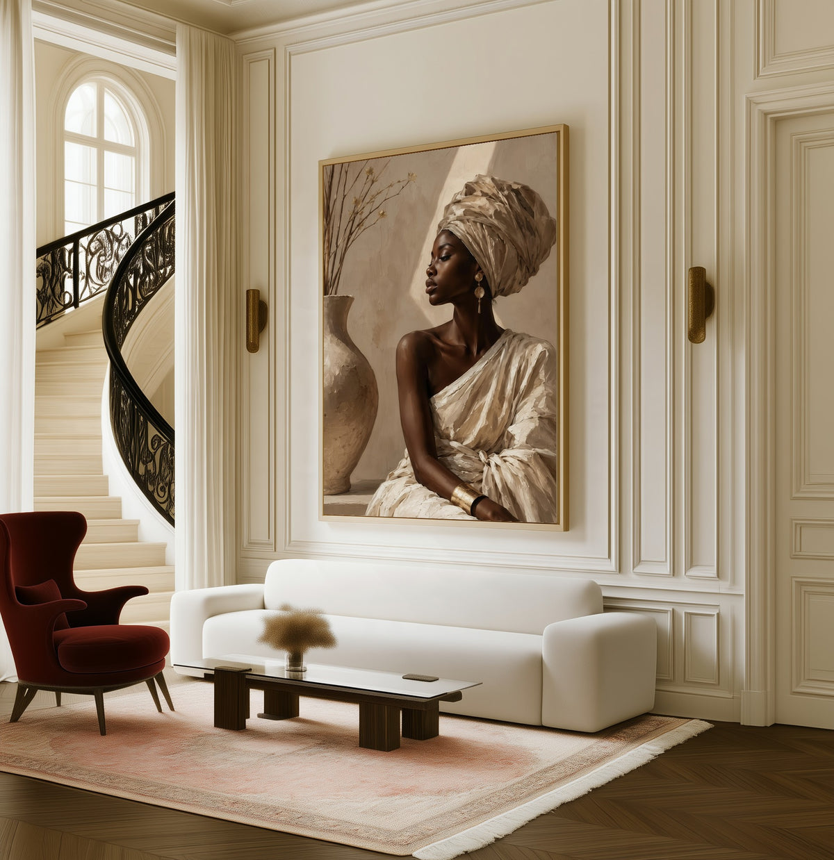 Woman with a Vase framed canvas in a living room beside a curved staircase