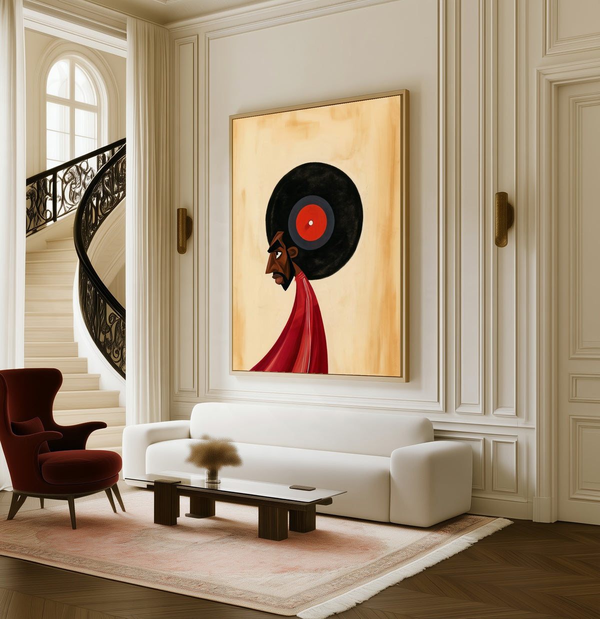 The Listener framed canvas in a living room beside a curved staircase