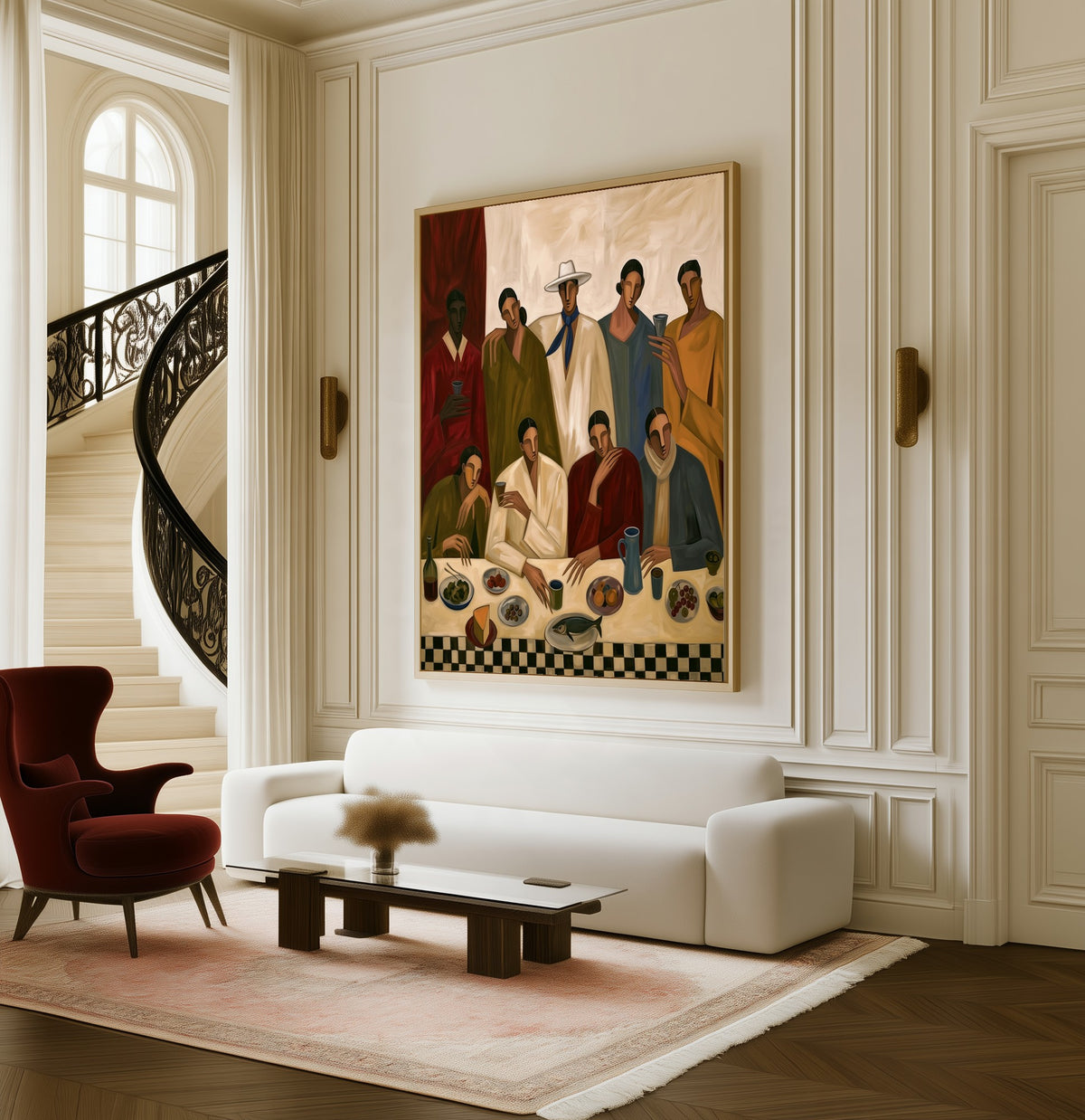 The Supper Guests framed canvas in a living room beside a curved staircase