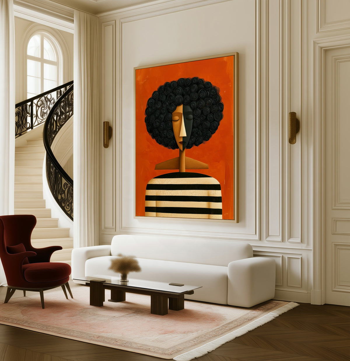 Inner Weather framed canvas in a living room beside a curved staircase