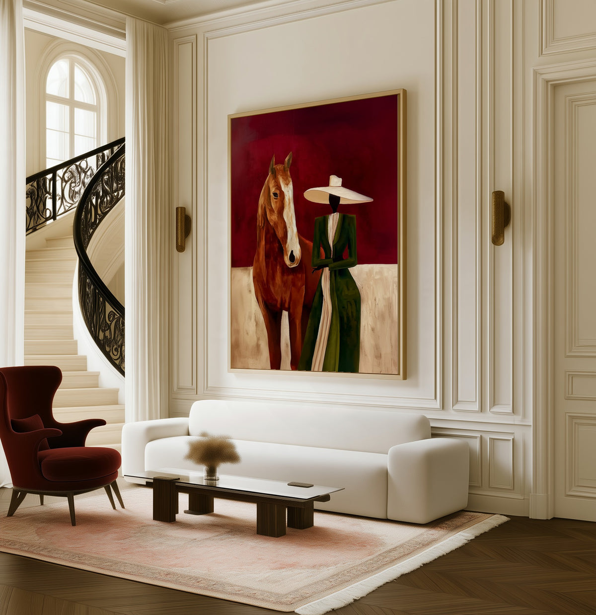The Chestnut Horse framed canvas in a living room beside a curved staircase