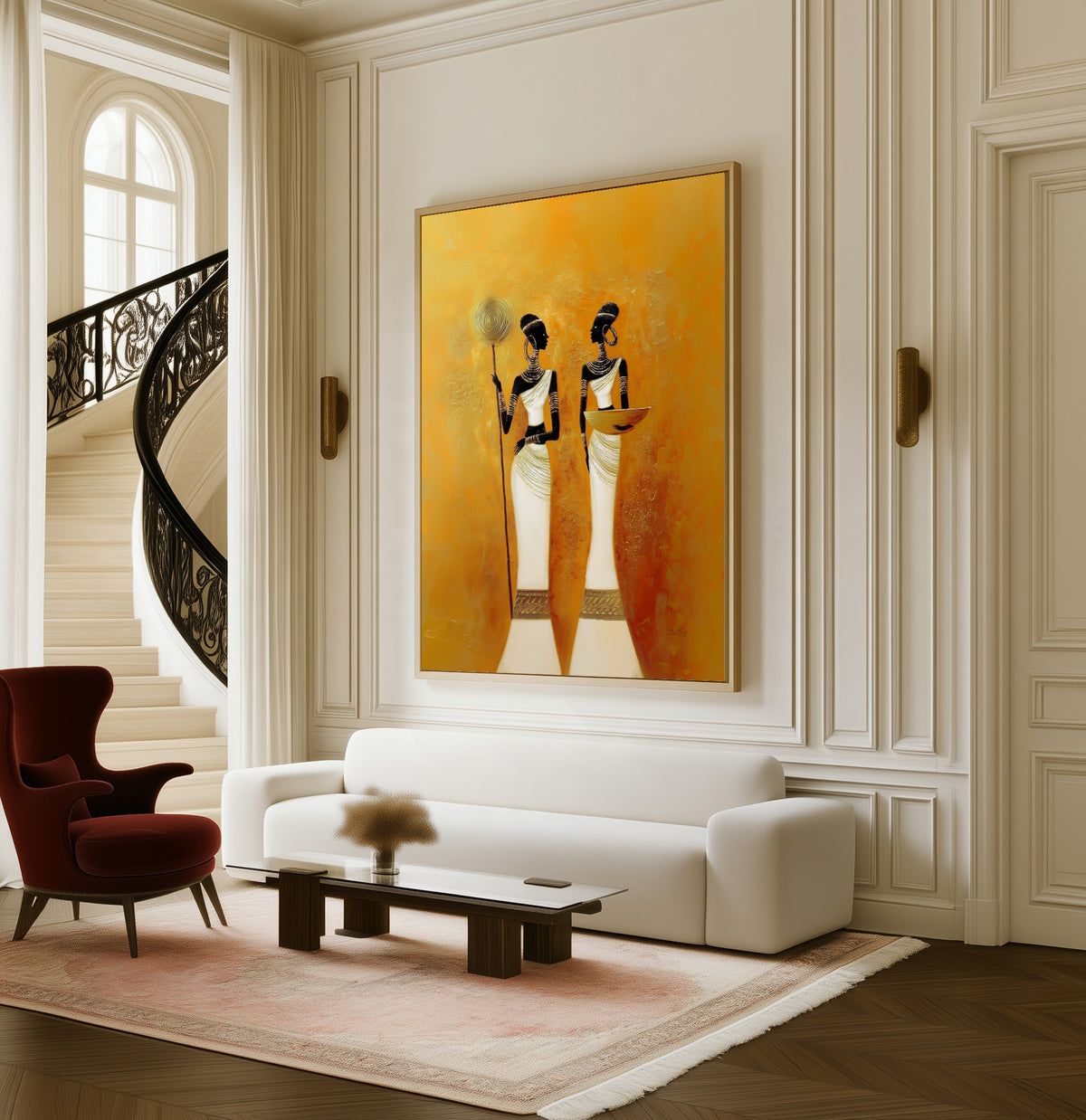 Twin Vigil framed canvas in a living room beside a curved staircase