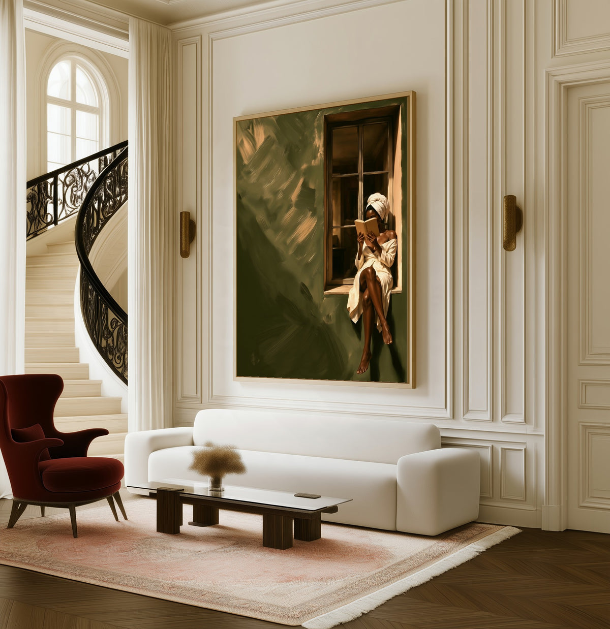 Reading by the Window framed canvas in a living room beside a curved staircase