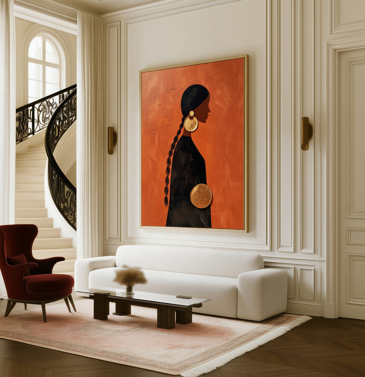 The Long Braid framed canvas in a living room beside a curved staircase