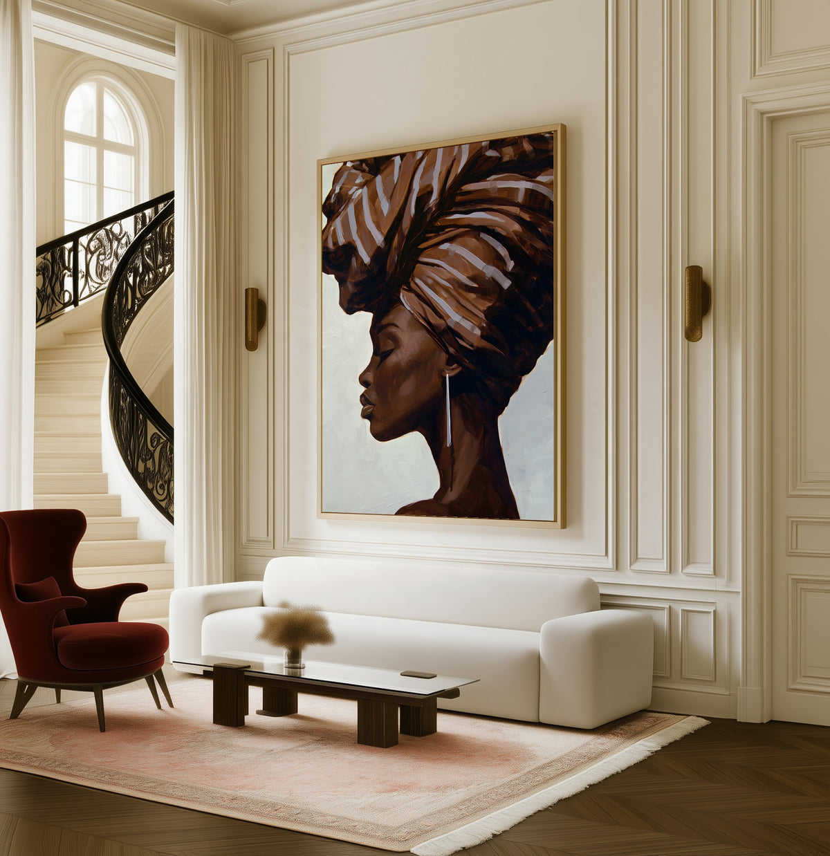 Profile in Umber framed canvas in a living room beside a curved staircase