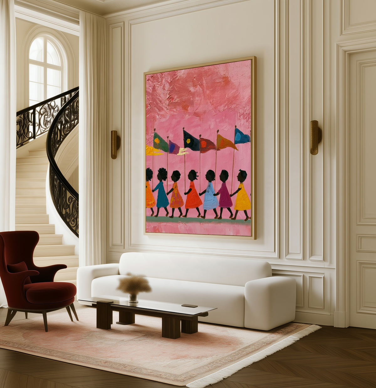 The Little Parade framed canvas in a living room beside a curved staircase