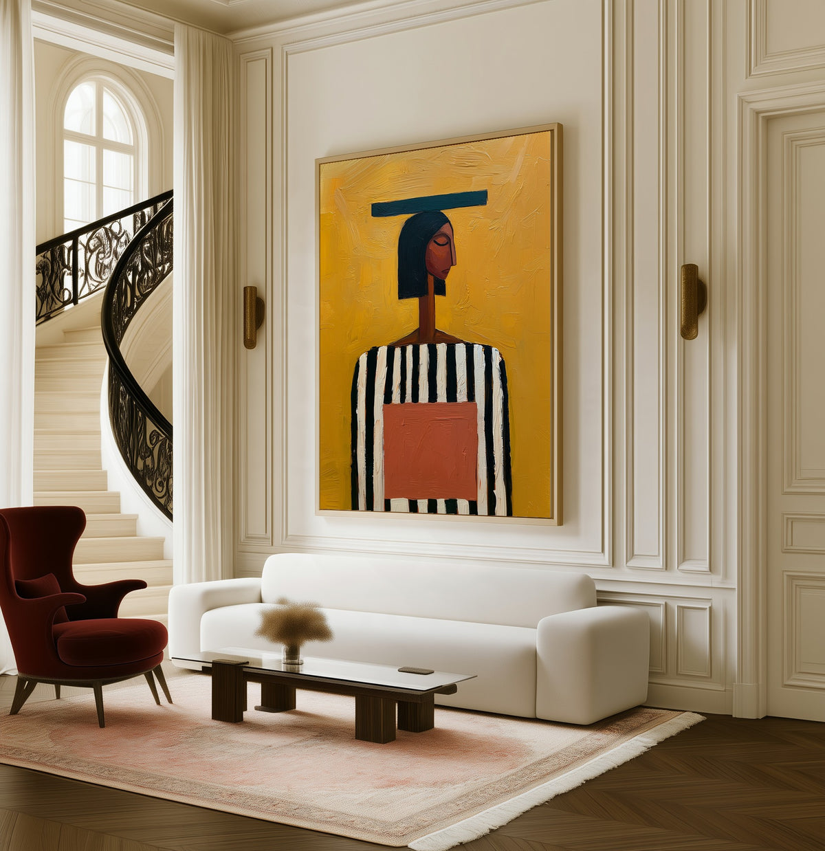 Ochre Calm framed canvas in a living room beside a curved staircase
