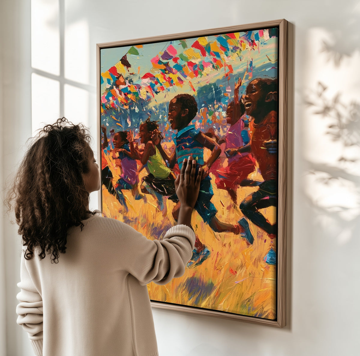 Summer Field Day framed canvas, a woman hanging it on a sunlit wall