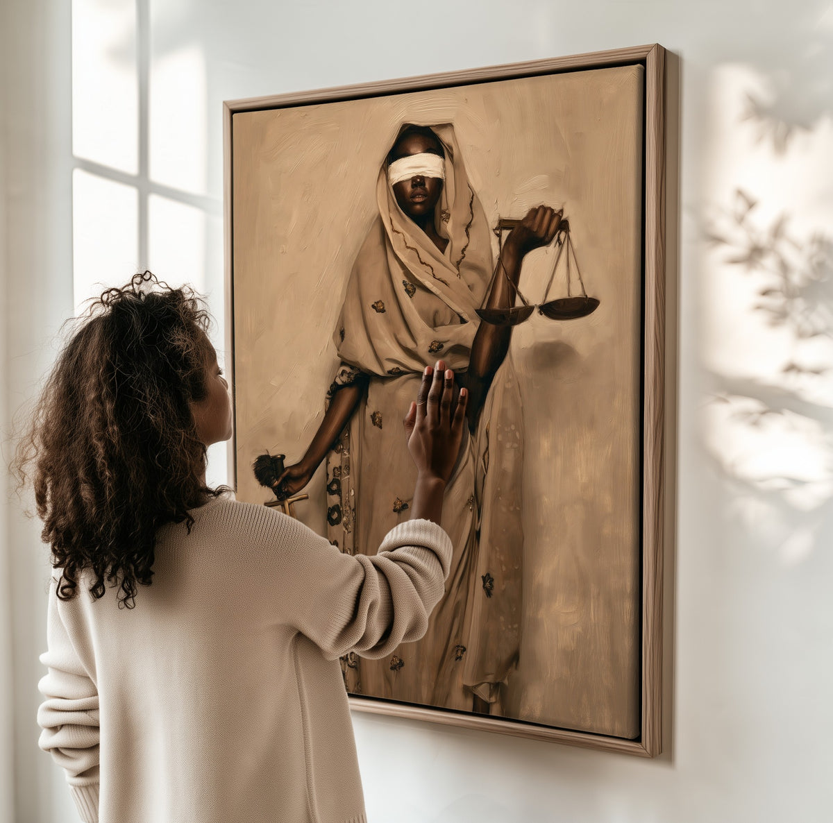 Lady Justice framed canvas, a woman hanging it on a sunlit wall