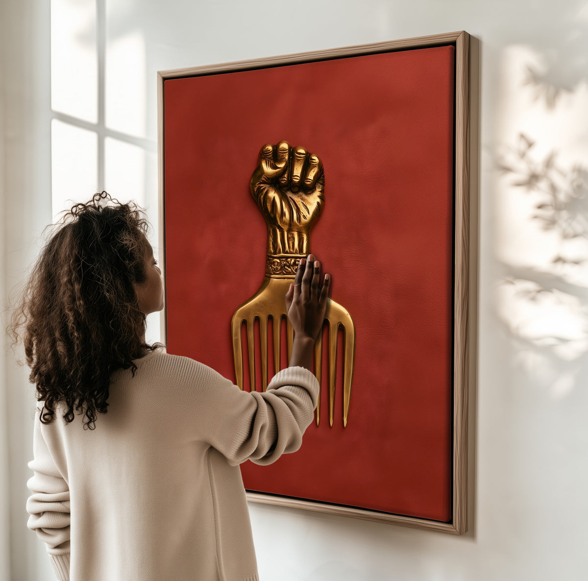 The Golden Pick framed canvas, a woman hanging it on a sunlit wall